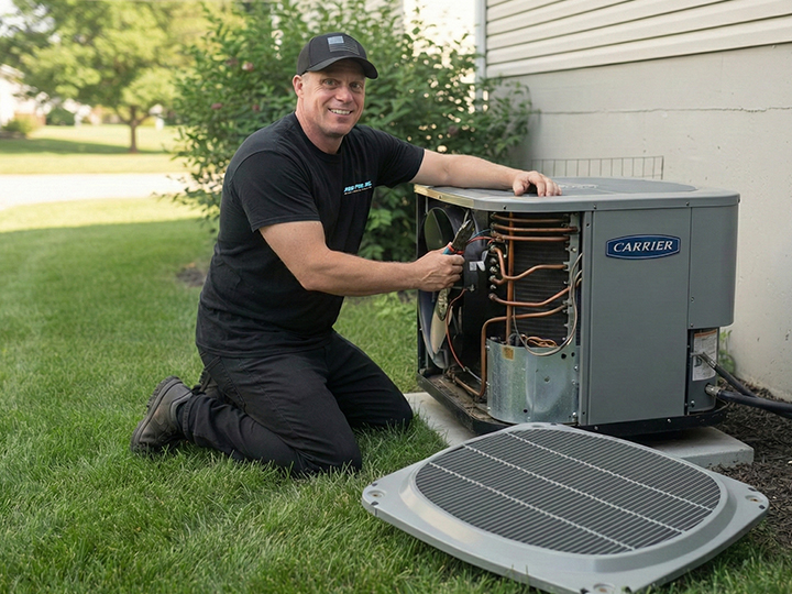 Dave working on a Carrier HVAC Unit repairing Air Conditioning